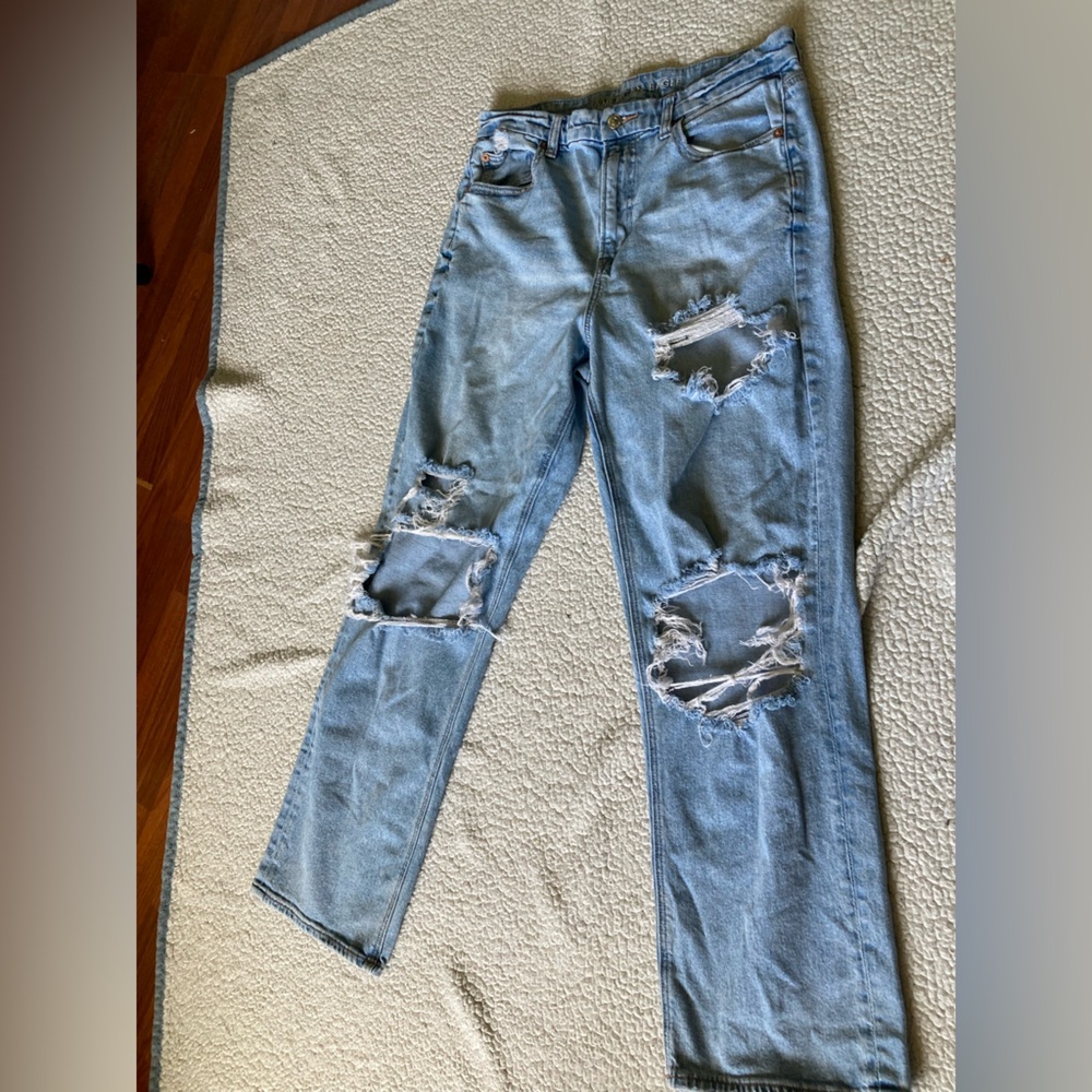 American Eagle brand, size 12, curvy 90s straight, distressed, stretch, denim